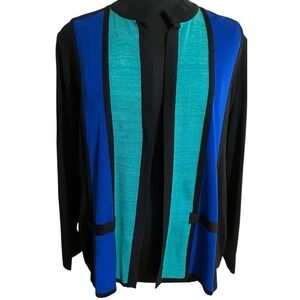 Exclusively Misook Cardican Sweater Open Front Striped Black Green Blue Plus 3X